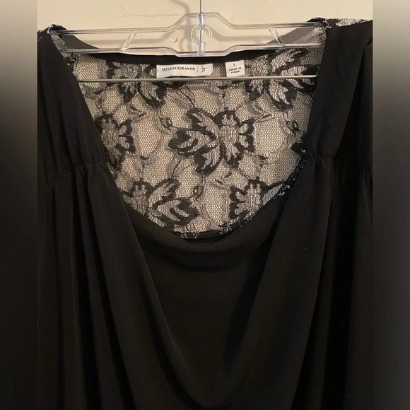 Susan Graver Black Pleated Cowl Neck Back Lace Panel Blouse Top 3/4 Sleeve Large - Picture 2 of 10